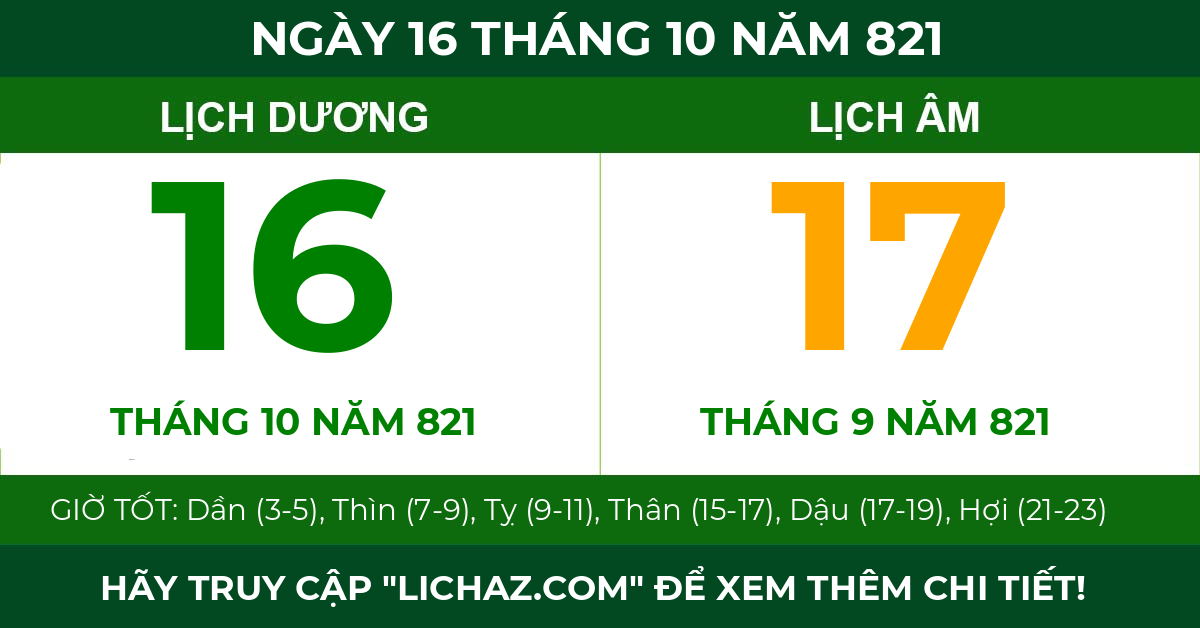 lịch âm ngày 16 tháng 10 năm 821