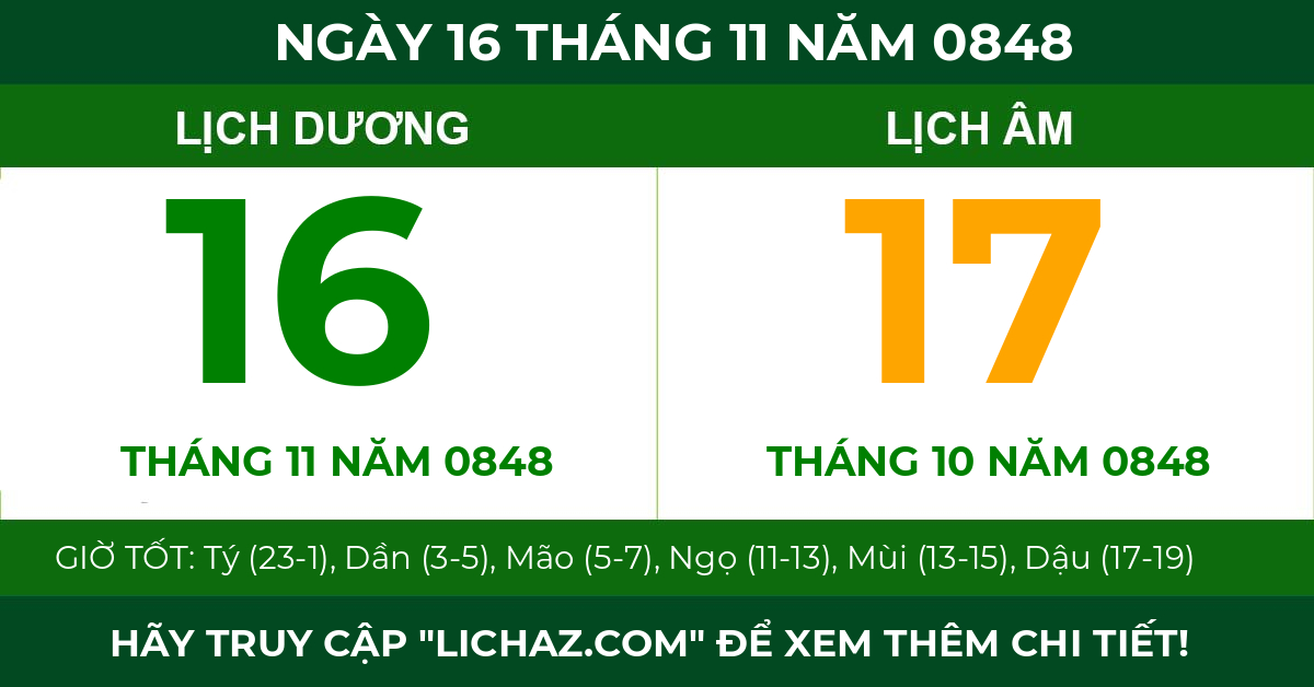 lịch âm ngày 16 tháng 11 năm 0848