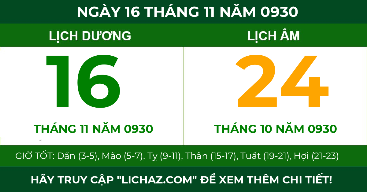lịch âm ngày 16 tháng 11 năm 0930
