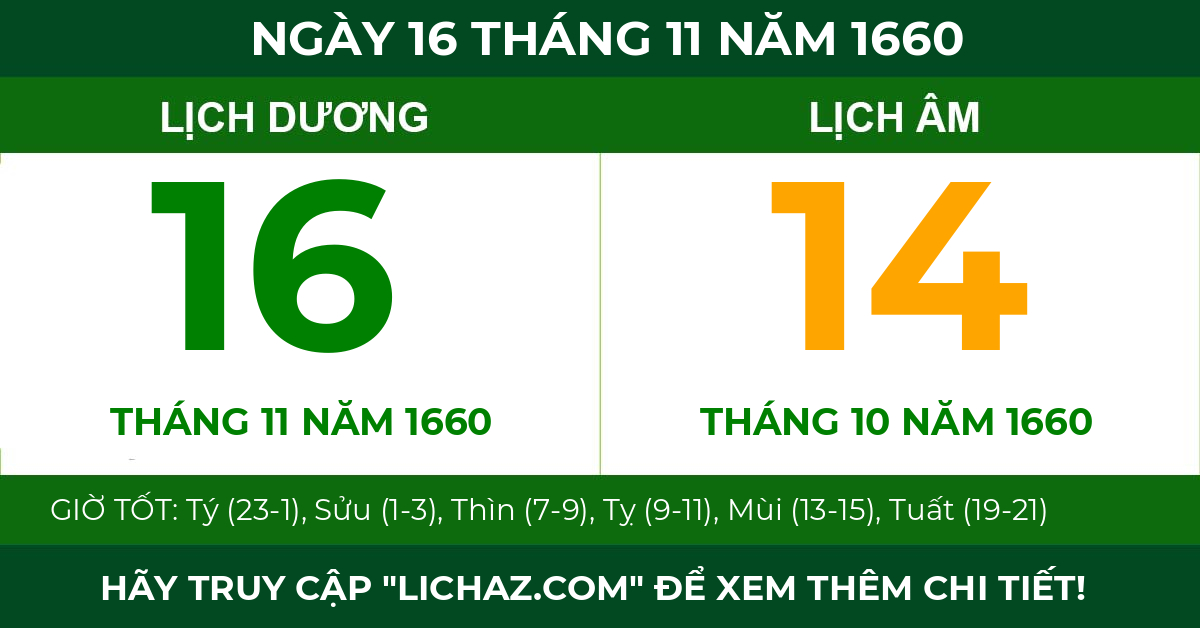 lịch âm ngày 16 tháng 11 năm 1660