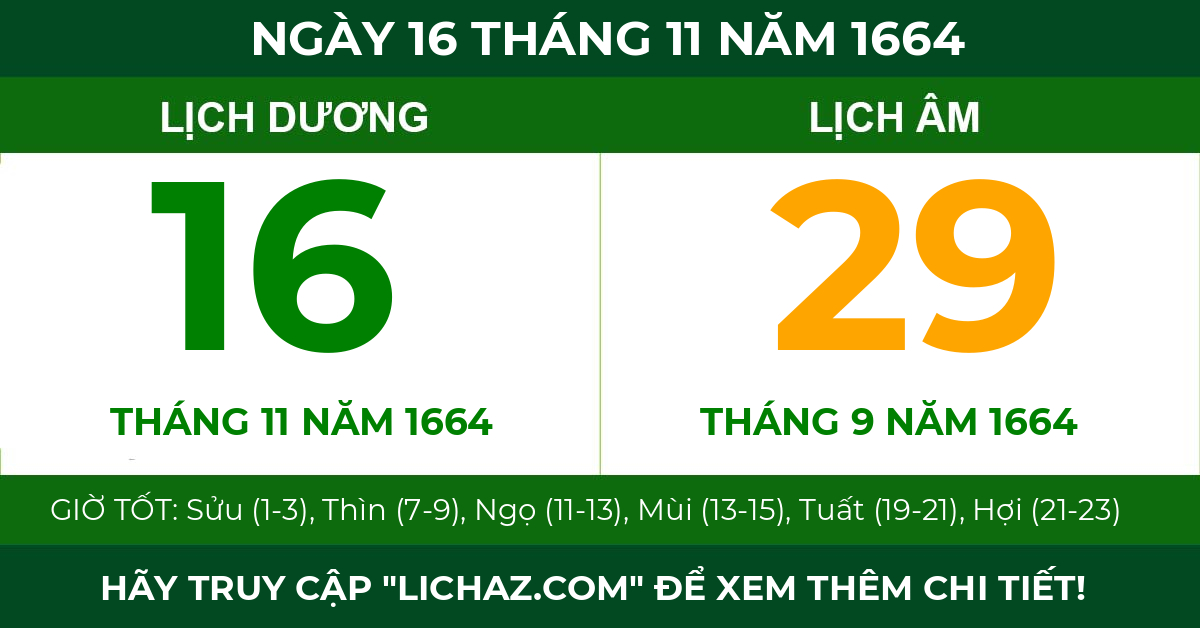 lịch âm ngày 16 tháng 11 năm 1664