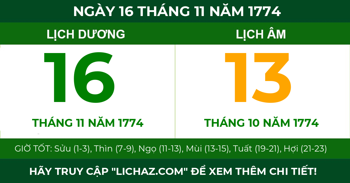 lịch âm ngày 16 tháng 11 năm 1774