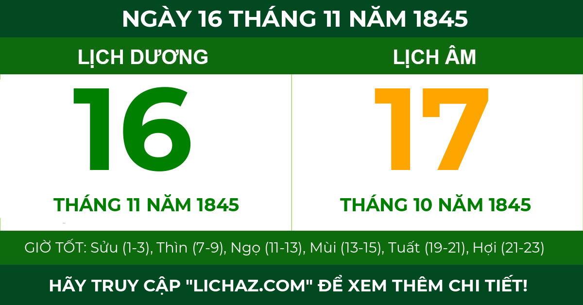 lịch âm ngày 16 tháng 11 năm 1845