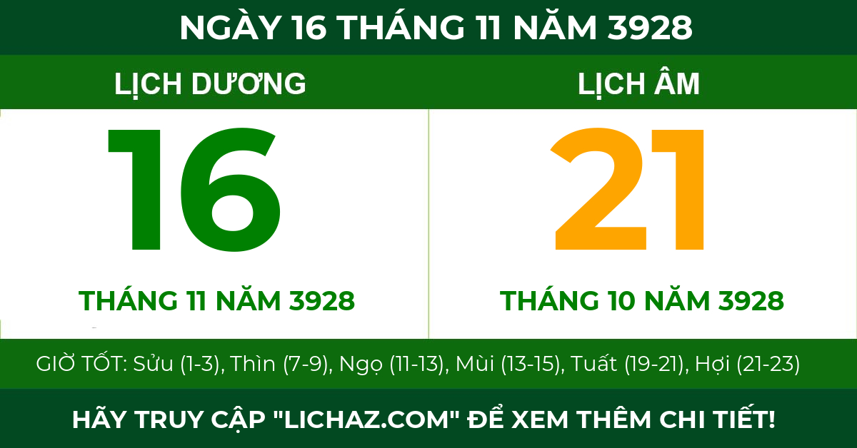 lịch âm ngày 16 tháng 11 năm 3928