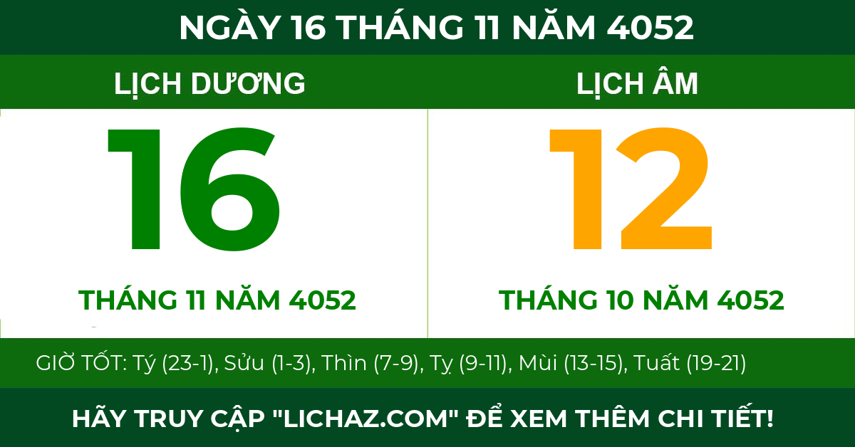 lịch âm ngày 16 tháng 11 năm 4052