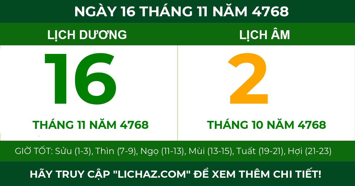 lịch âm ngày 16 tháng 11 năm 4768