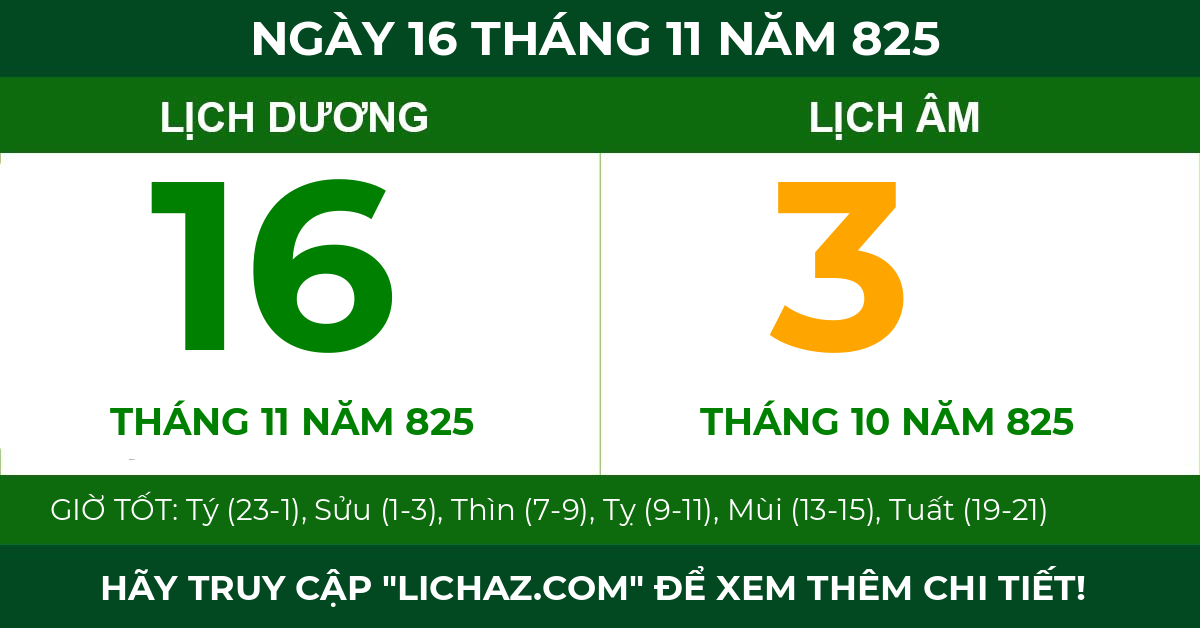 lịch âm ngày 16 tháng 11 năm 825