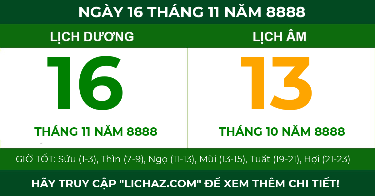lịch âm ngày 16 tháng 11 năm 8888