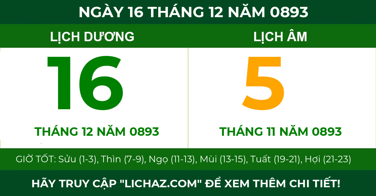 lịch âm ngày 16 tháng 12 năm 0893