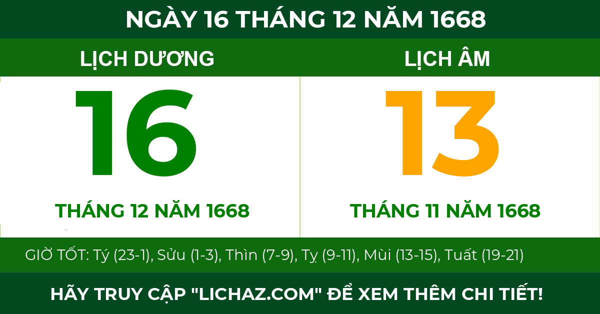lịch âm ngày 16 tháng 12 năm 1668