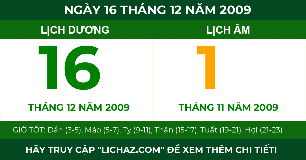 lịch âm ngày 16 tháng 12 năm 2009