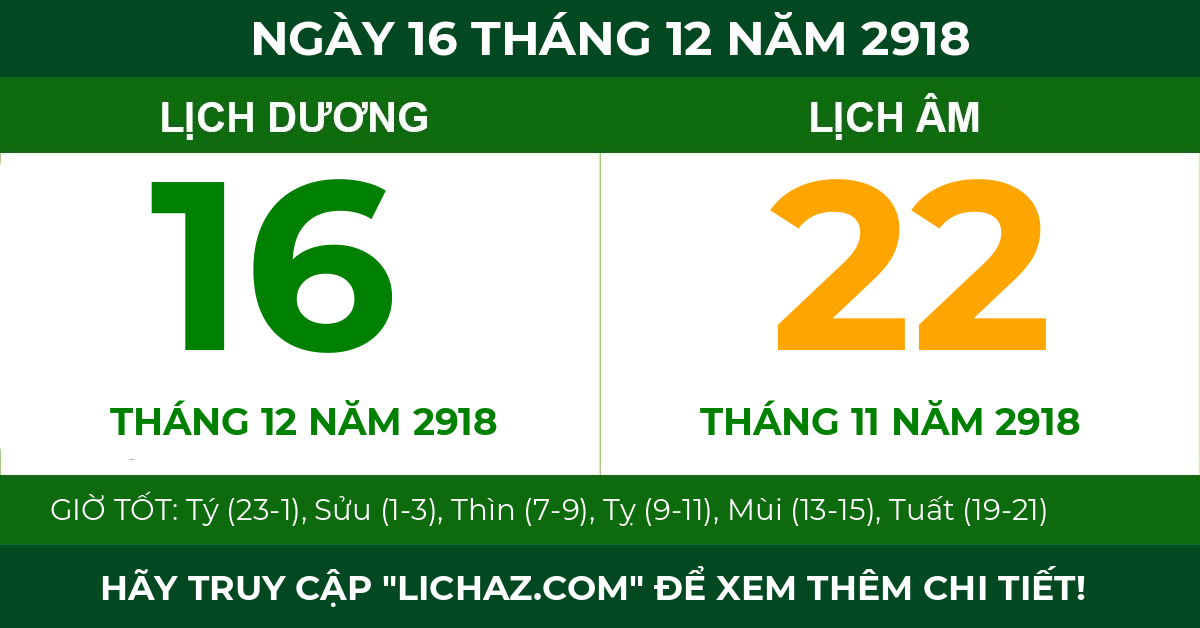 lịch âm ngày 16 tháng 12 năm 2918