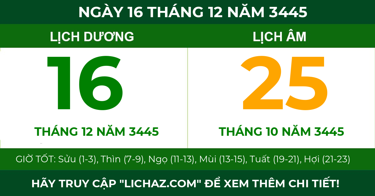 lịch âm ngày 16 tháng 12 năm 3445