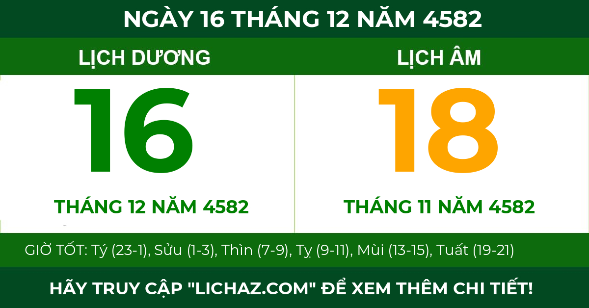lịch âm ngày 16 tháng 12 năm 4582