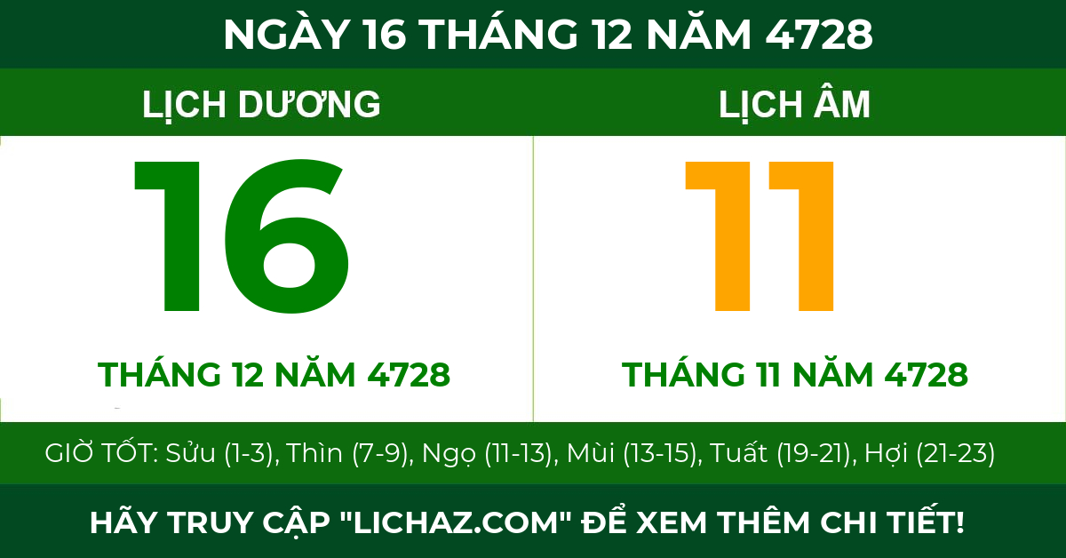 lịch âm ngày 16 tháng 12 năm 4728