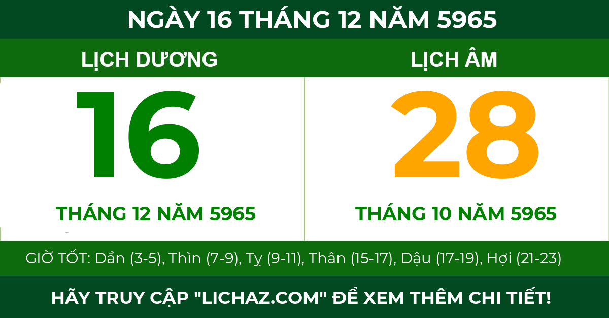 lịch âm ngày 16 tháng 12 năm 5965