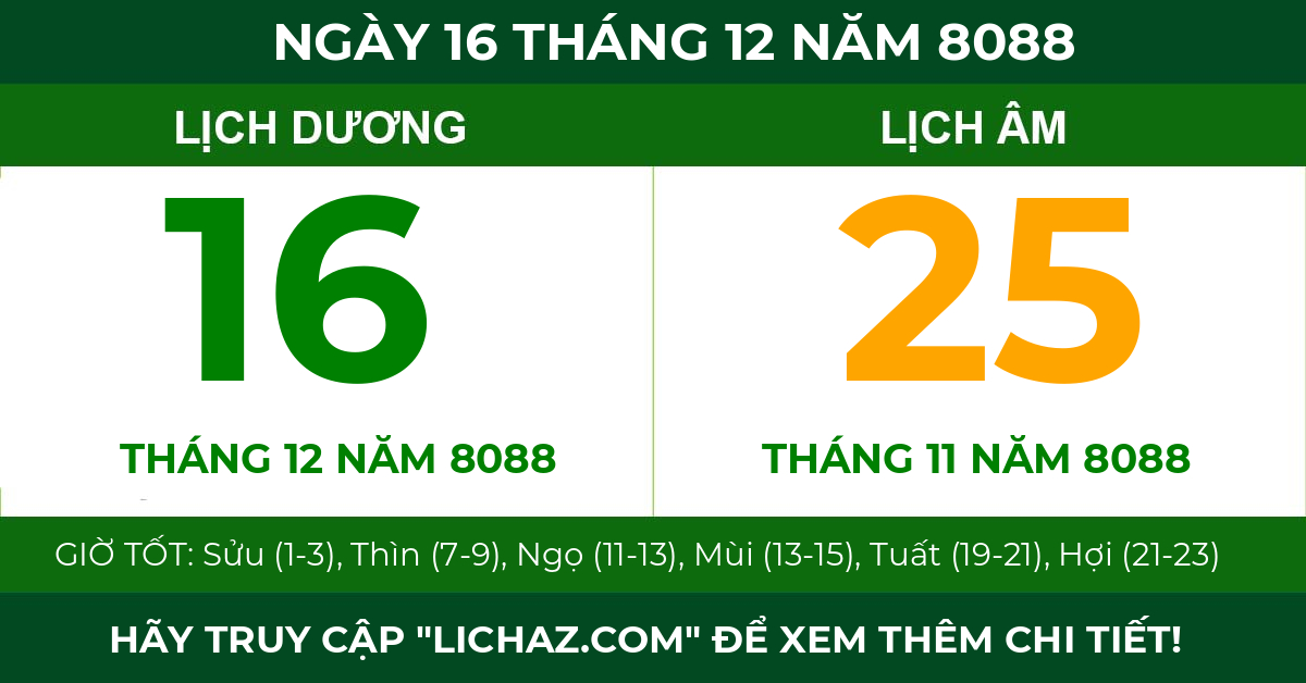 lịch âm ngày 16 tháng 12 năm 8088