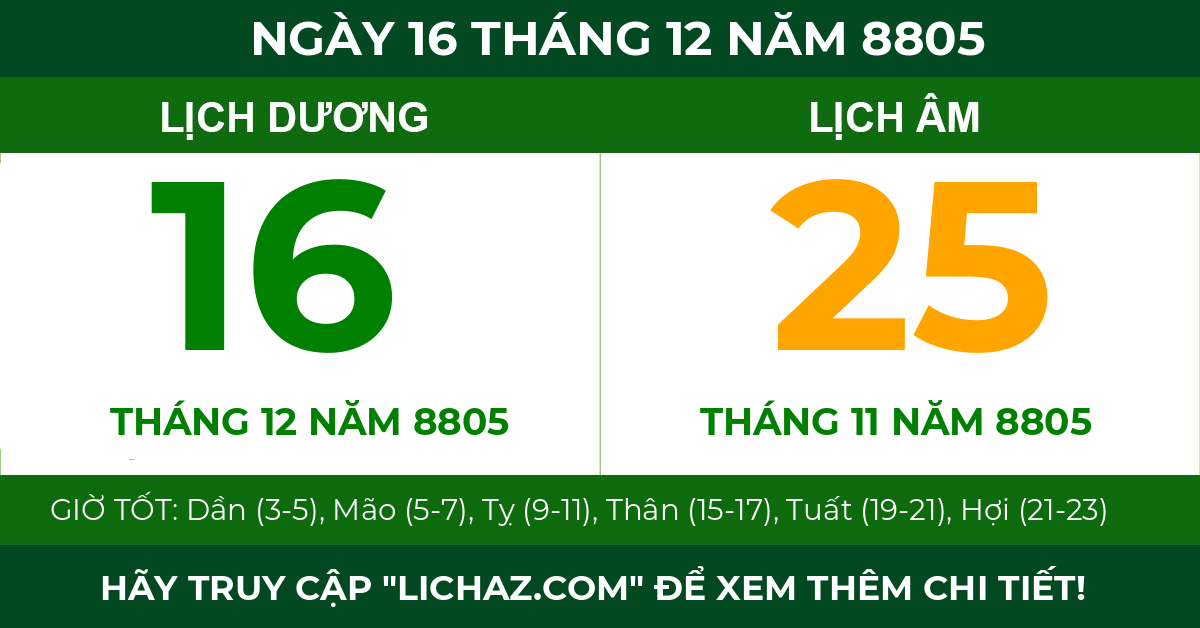 lịch âm ngày 16 tháng 12 năm 8805