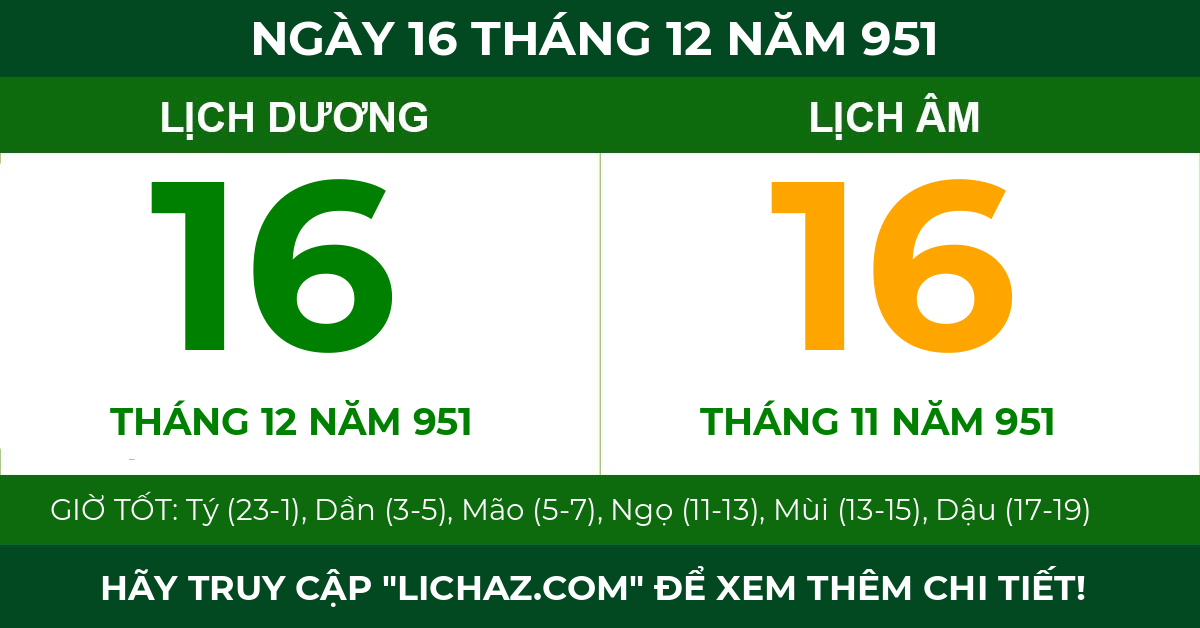 lịch âm ngày 16 tháng 12 năm 951