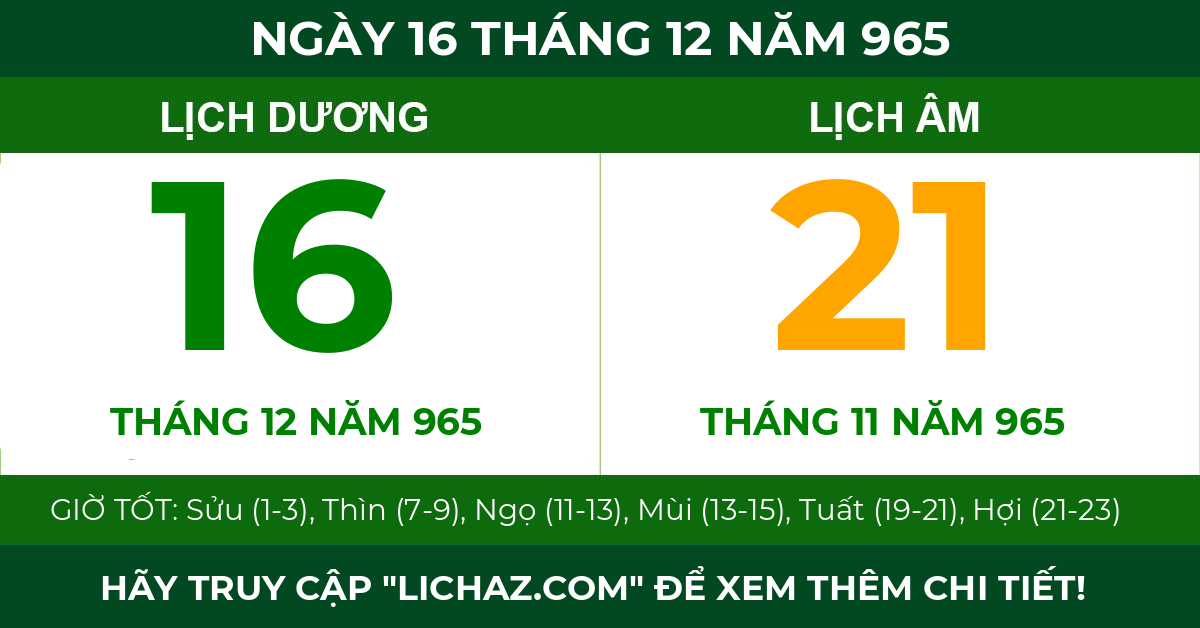 lịch âm ngày 16 tháng 12 năm 965