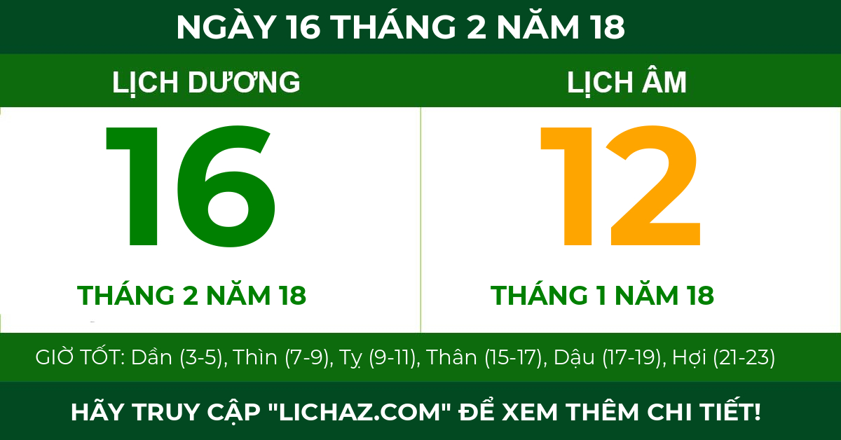 lịch âm ngày 16 tháng 2 năm 18