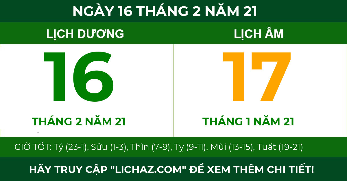 lịch âm ngày 16 tháng 2 năm 21