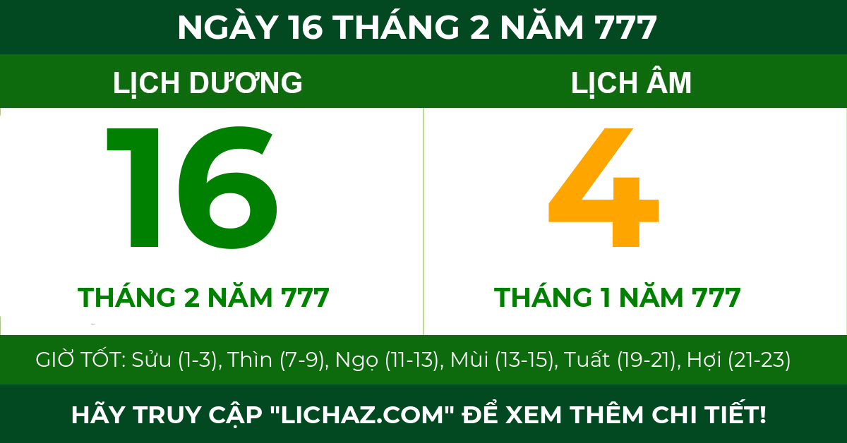 lịch âm ngày 16 tháng 2 năm 777