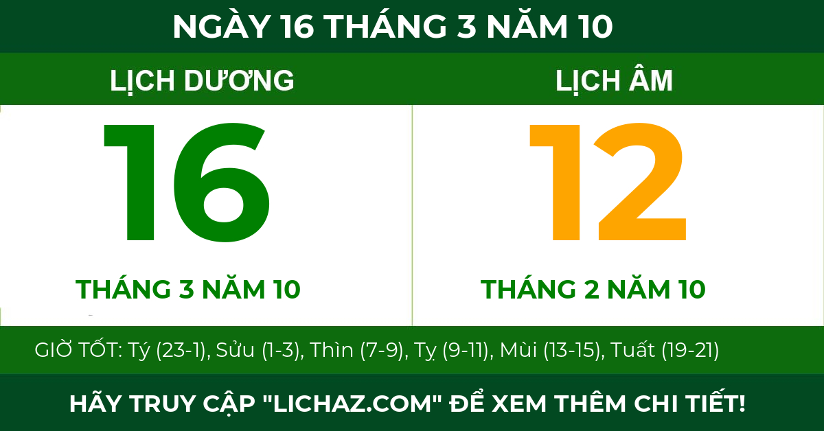 lịch âm ngày 16 tháng 3 năm 10