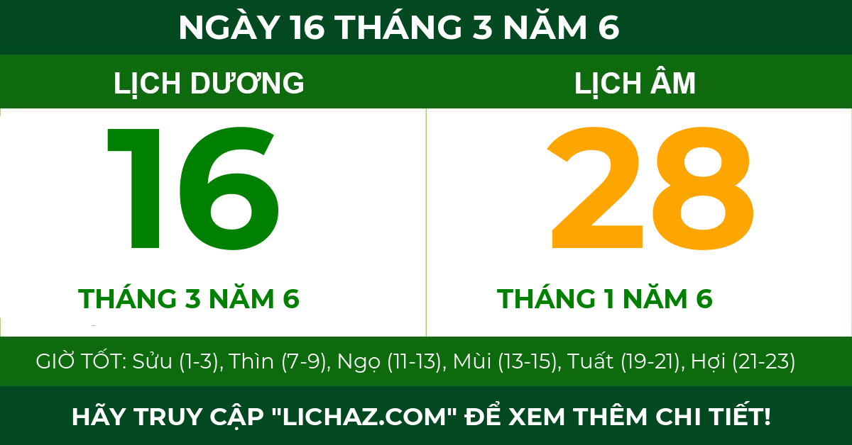 lịch âm ngày 16 tháng 3 năm 6