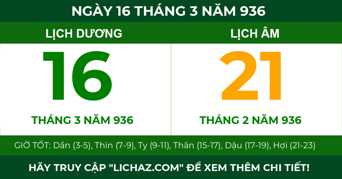 lịch âm ngày 16 tháng 3 năm 936