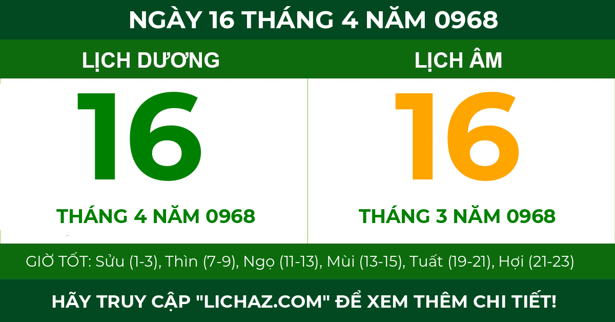 lịch âm ngày 16 tháng 4 năm 0968
