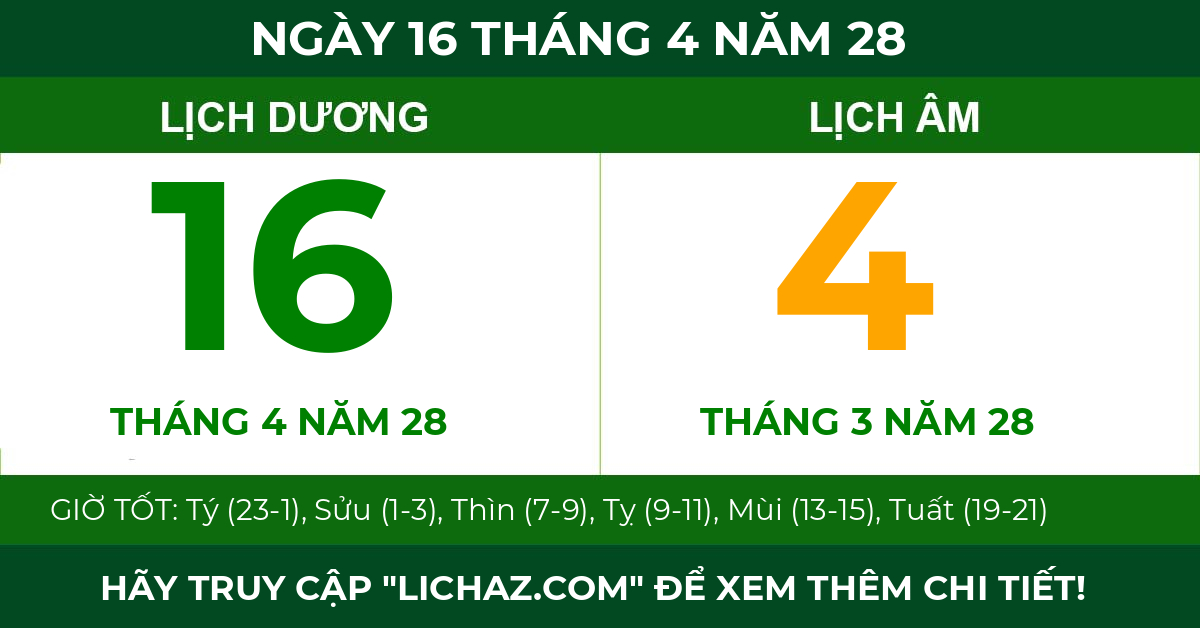 lịch âm ngày 16 tháng 4 năm 28