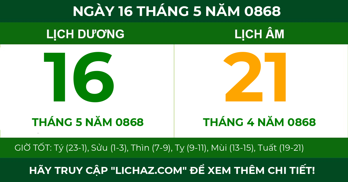lịch âm ngày 16 tháng 5 năm 0868