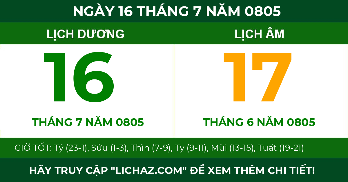 lịch âm ngày 16 tháng 7 năm 0805