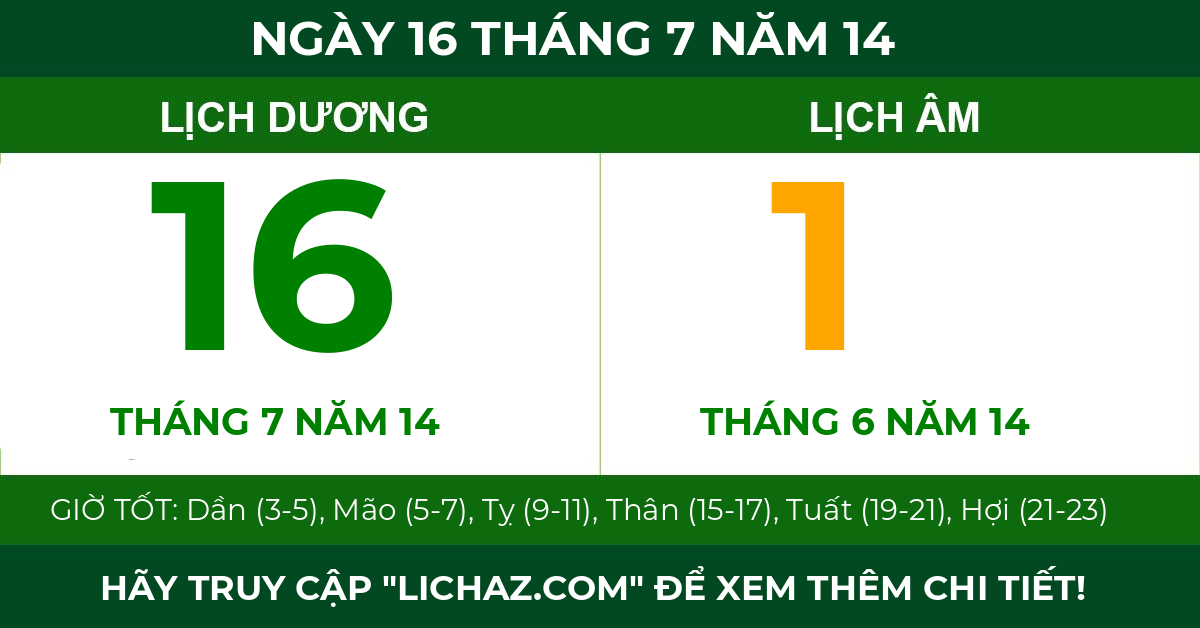 lịch âm ngày 16 tháng 7 năm 14