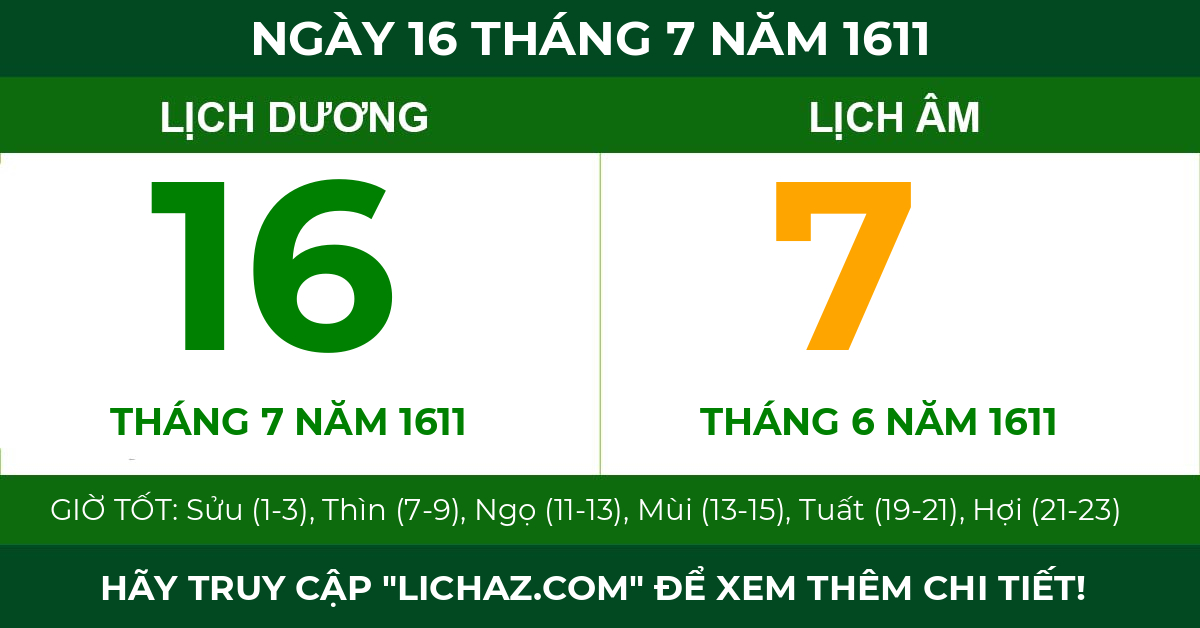 lịch âm ngày 16 tháng 7 năm 1611