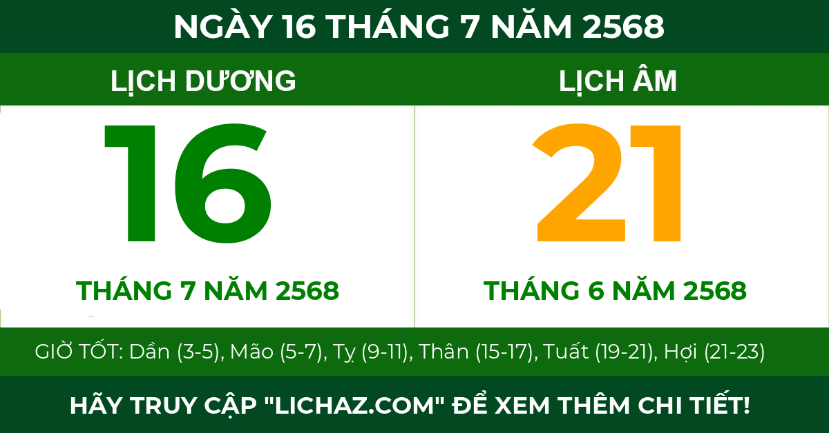 lịch âm ngày 16 tháng 7 năm 2568