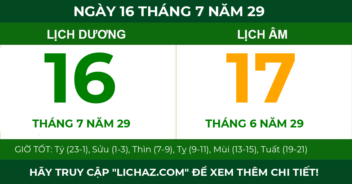 lịch âm ngày 16 tháng 7 năm 29