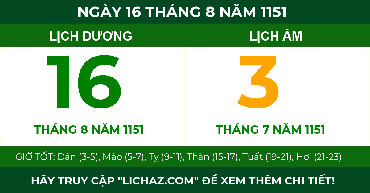 lịch âm ngày 16 tháng 8 năm 1151