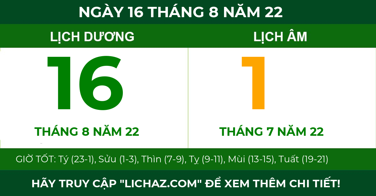 lịch âm ngày 16 tháng 8 năm 22