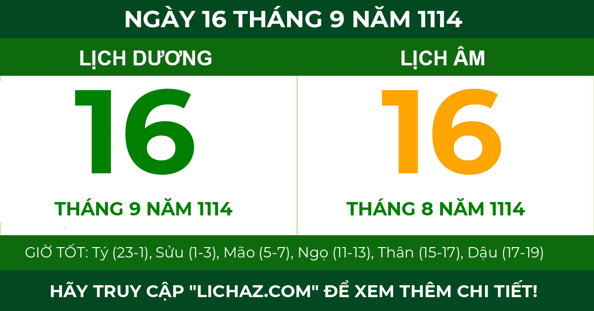 lịch âm ngày 16 tháng 9 năm 1114