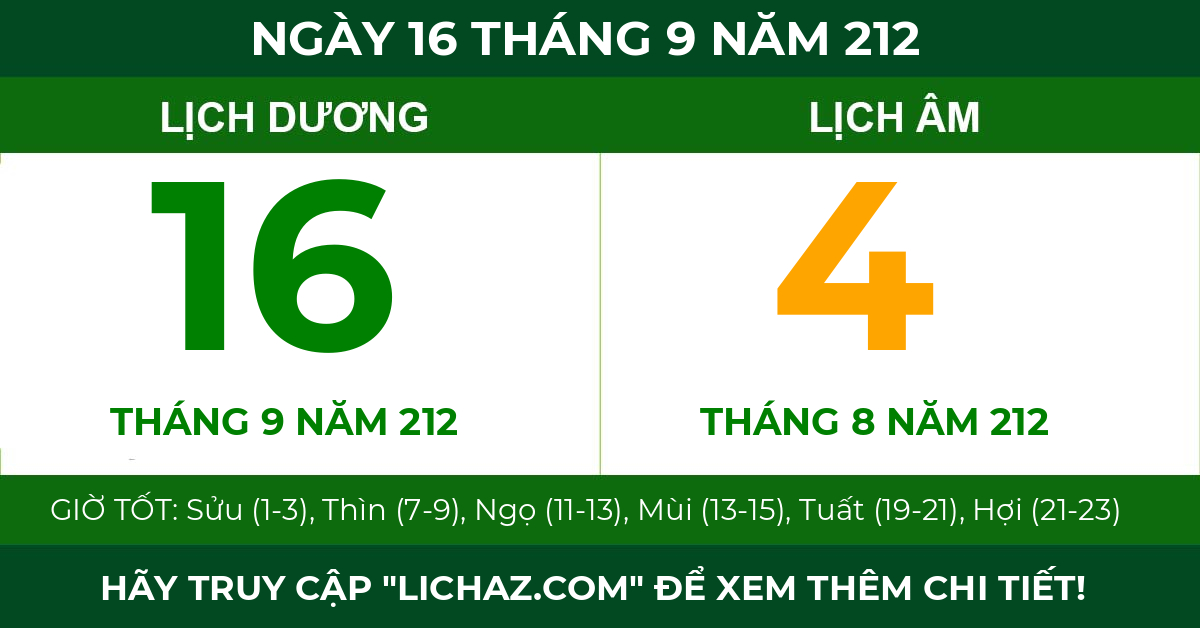 lịch âm ngày 16 tháng 9 năm 212