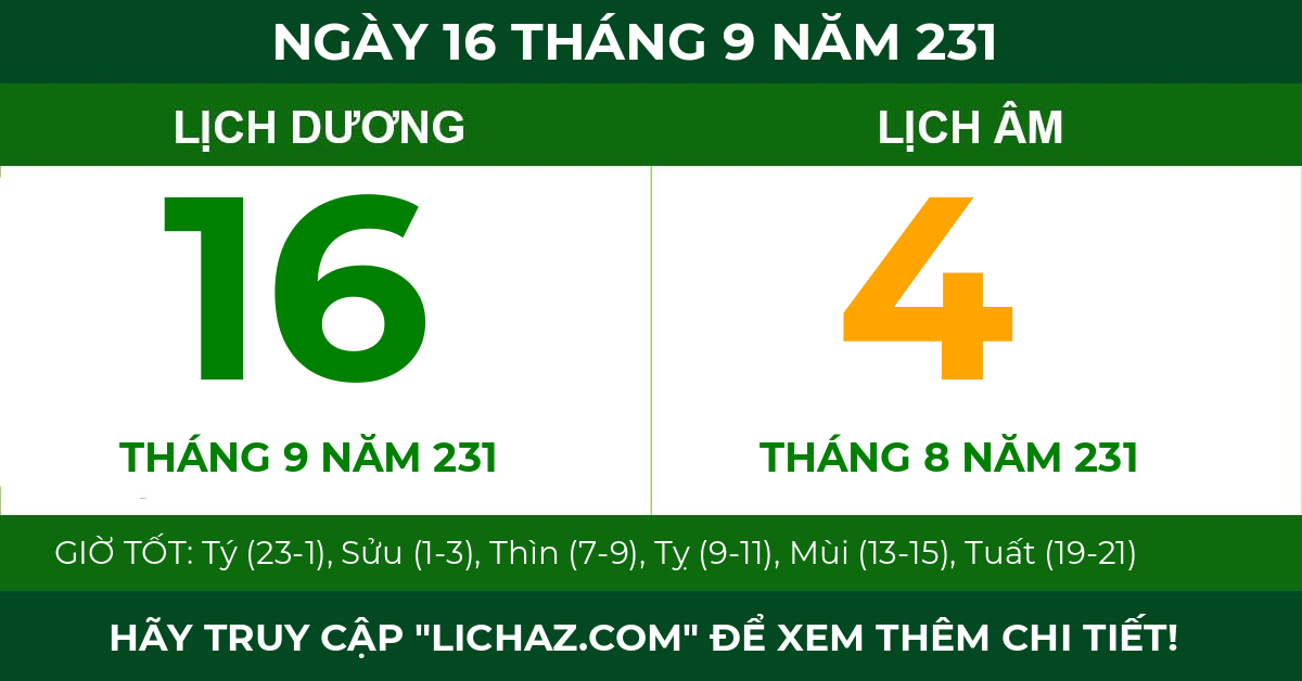lịch âm ngày 16 tháng 9 năm 231