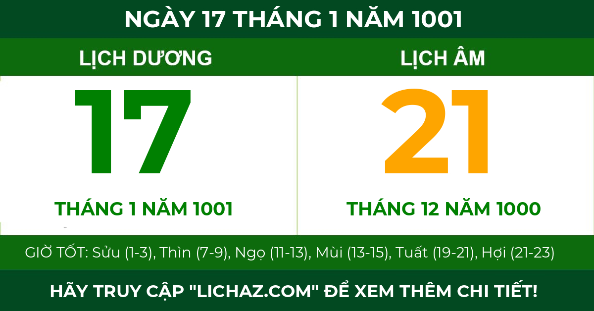 lịch âm ngày 17 tháng 1 năm 1001