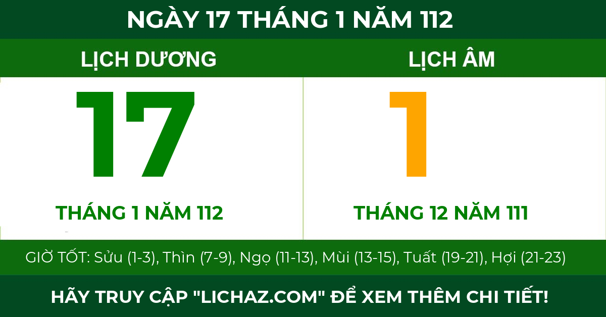 lịch âm ngày 17 tháng 1 năm 112