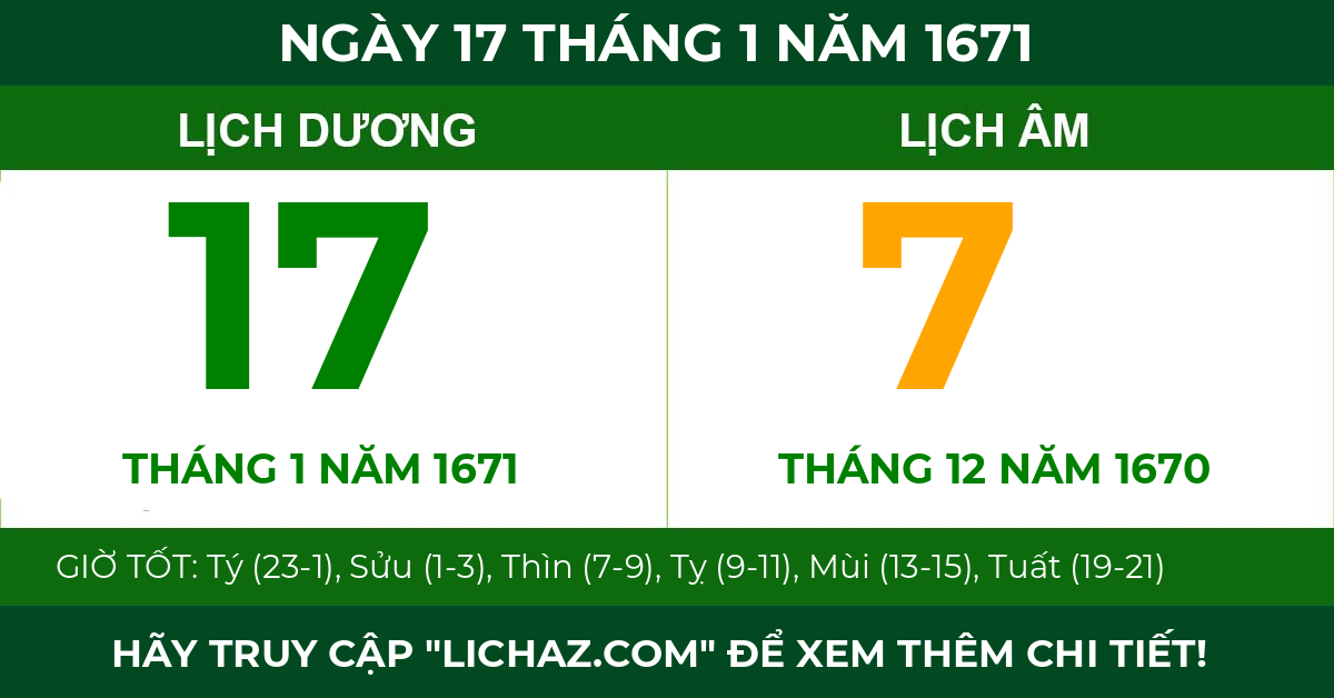 lịch âm ngày 17 tháng 1 năm 1671