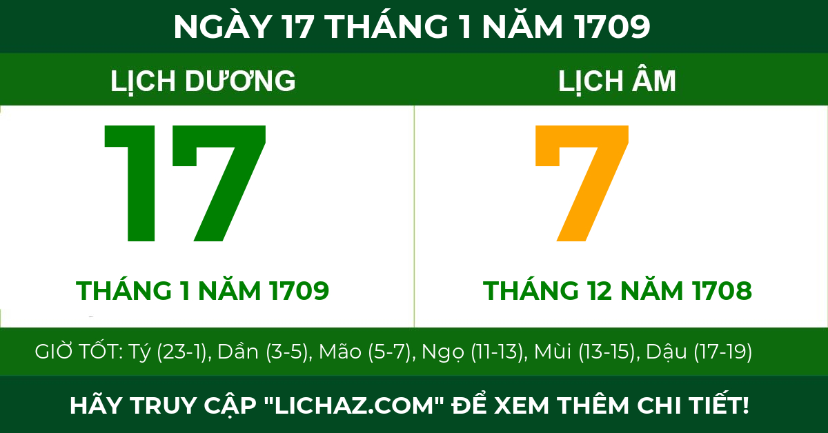 lịch âm ngày 17 tháng 1 năm 1709