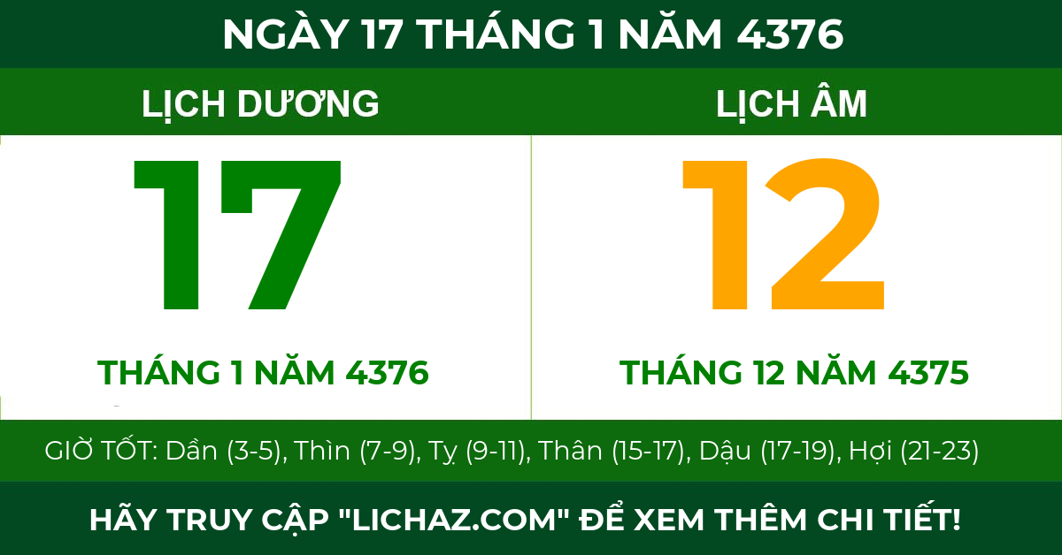 lịch âm ngày 17 tháng 1 năm 4376