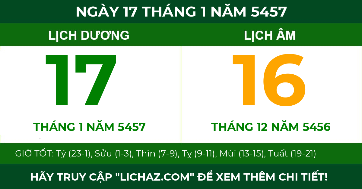 lịch âm ngày 17 tháng 1 năm 5457