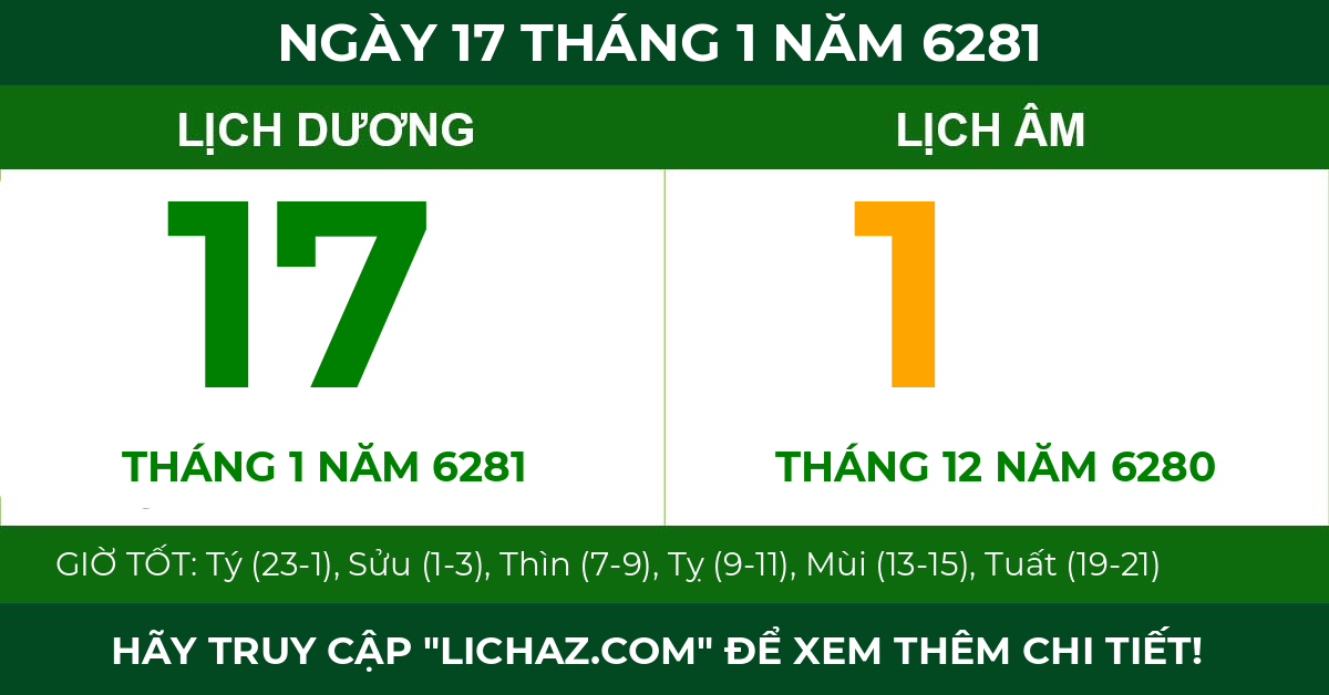 lịch âm ngày 17 tháng 1 năm 6281